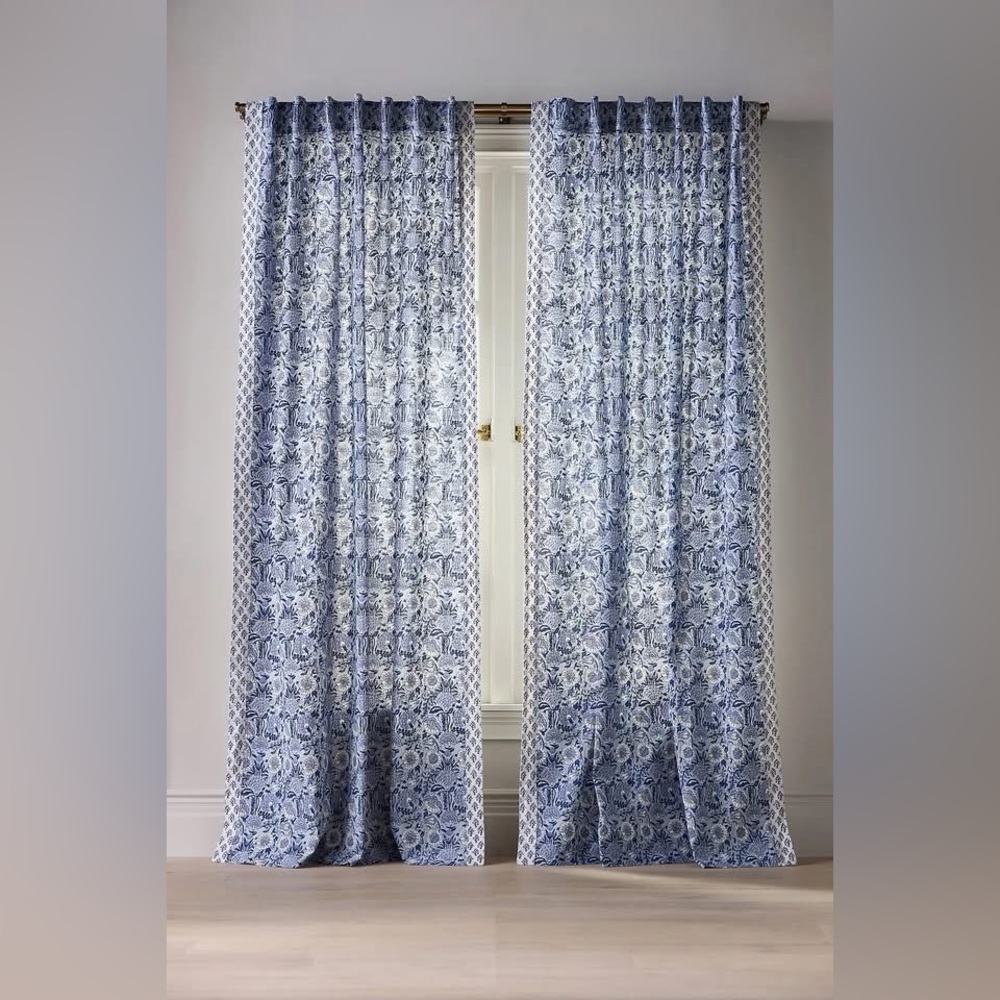 Anthropologie Blue Cotton Mix Print Floral Curtains (four panels)